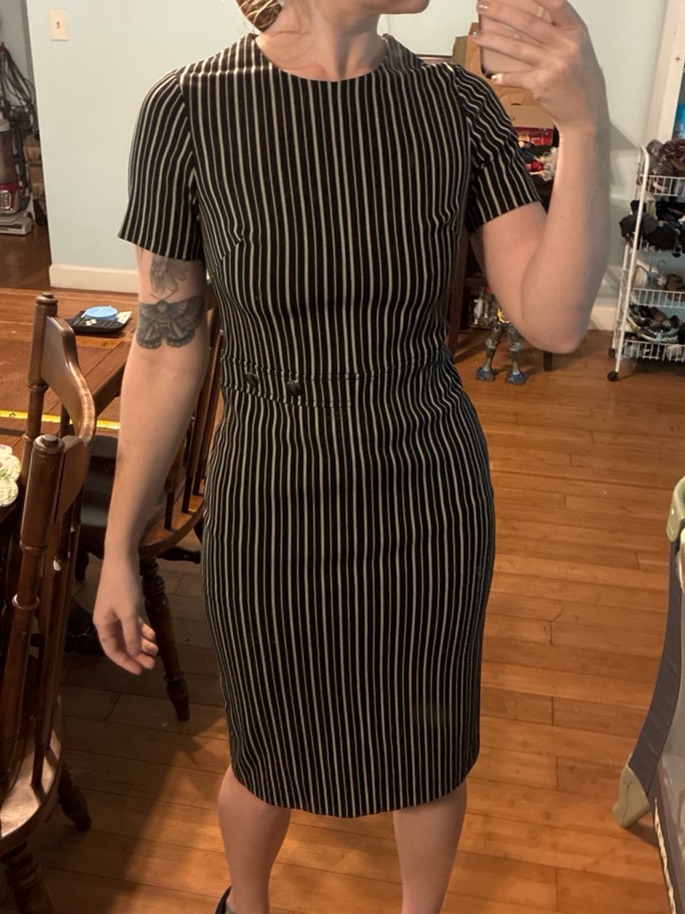 Banana Republic Black and White Vertical Stripe Midi Sheath Dress